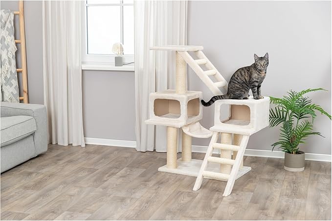 TRIXIE Malaga Cat Tower – Cat Tree with Extra-Thick Sisal Posts, Caves, Platforms & Hammock – Durable Cat Furniture for Indoor Cats – Beige, 18" x 28" x 43"