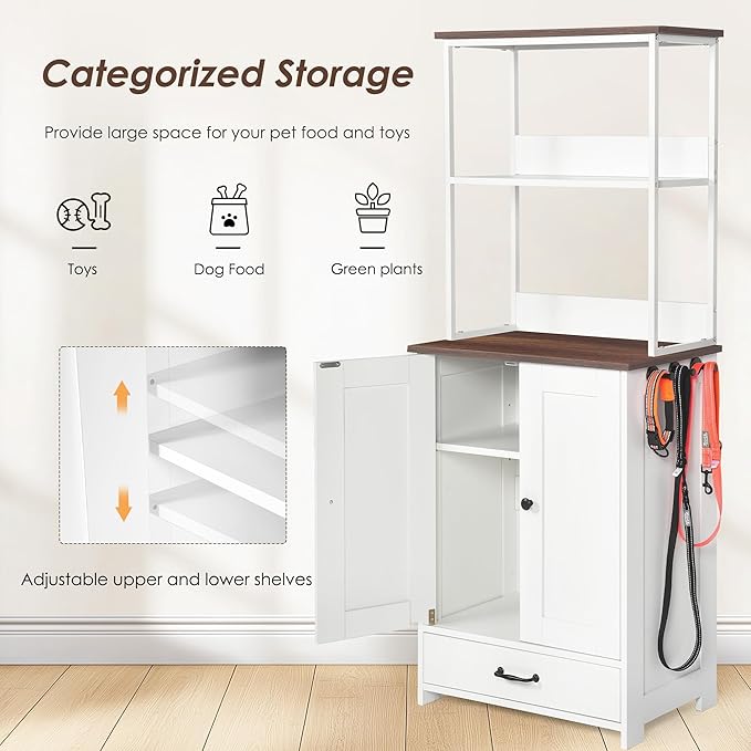 Pet Feeding Station with Bowls, Adjustable Panel, Dog Feeding Station with Storage, Pet Feeder Station for Dogs Cats for Feeding & Watering Supplies,Dog feeding station with 2-level shelving White