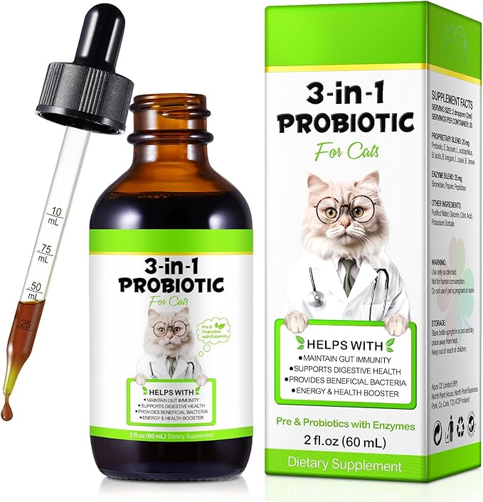 3 in 1 Probiotics for Cats, Cat Digestive Support,Daily Digestive Health Supplement with Multiple Strains of Bacteria Help with Diarrhea,Gas and Bloating, Cat Herbal Supplements- 60ml
