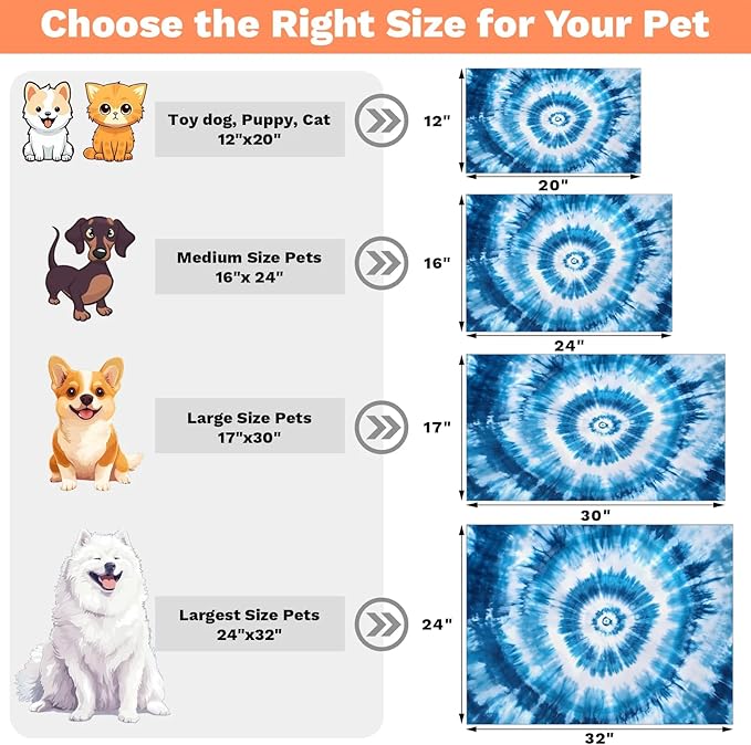 Blue Tie Dye Dog Food Mat for Floors Absorbent, Quick Dry Water Dispenser Mat for Food, Water, Pet Supplies 24" x 32", Abstract Strip