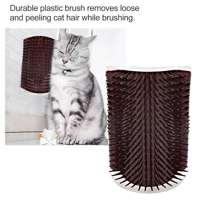 Cat Self Groomer Brush, Plastic Massage Comb with Soft Cat Corner Scratcher 12.6x8.3cm - Easy Mount Wall Scratcher, Removes Loose Hair, Perfect for Cats Grooming and Play (Coffee)