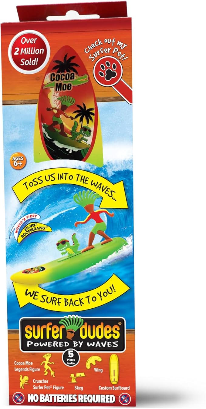 Surfer Dudes Legends & Surfer Pets Wave Powered Mini-Surfer, Pet and Surfboard Beach Toy - Cocoa Moe and Cruncher