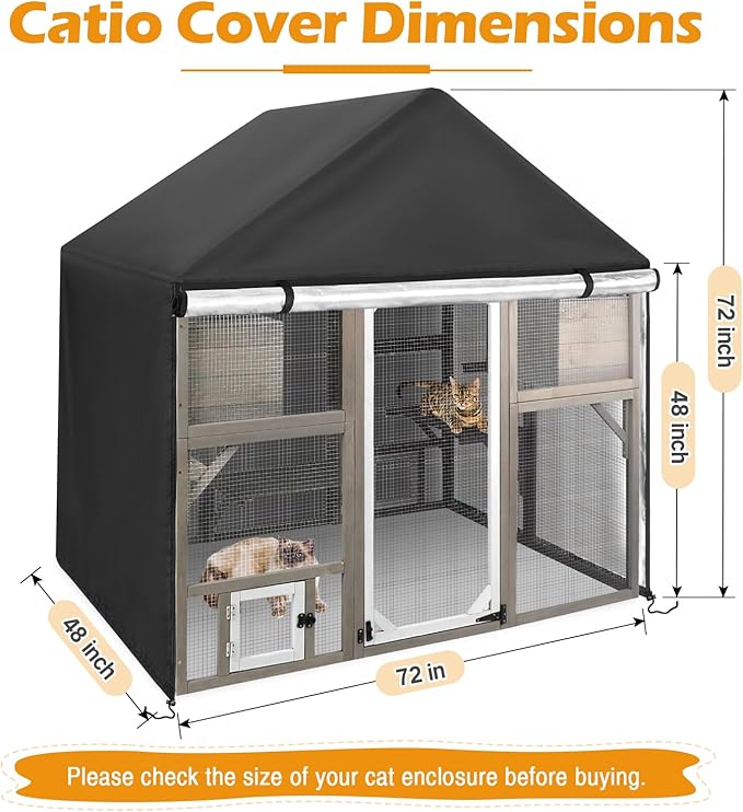 Catio Cover,72" L x 48" W x 72" H Cover for Catio Outdoor Cat Enclosure Waterproof, 420D Cat Cage Covers for PetsCosset Catios, Outdoor Cats Enclosure Covers(Black)(Catios Not Included)