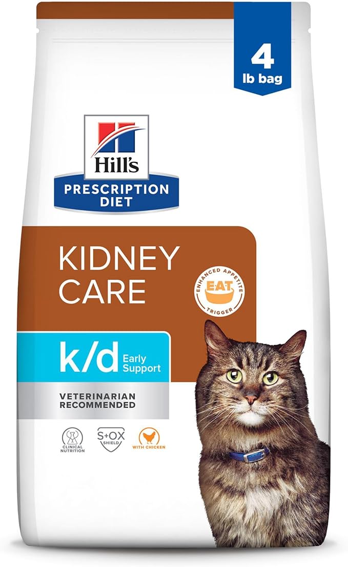 Hill's Prescription Diet k/d Early Support Kidney Care Chicken Flavor Dry Cat Food, Veterinary Diet, 4 lb. Bag