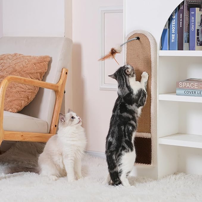 28" Wall Mounted Cat Scratcher for Indoor Cats – Vertical Sisal Cat Scratching Board with Self-Grooming Brush & Hanging Toy, Space-Saving Cat Wall Furniture, No-Drill Adhesive or Screw Mount