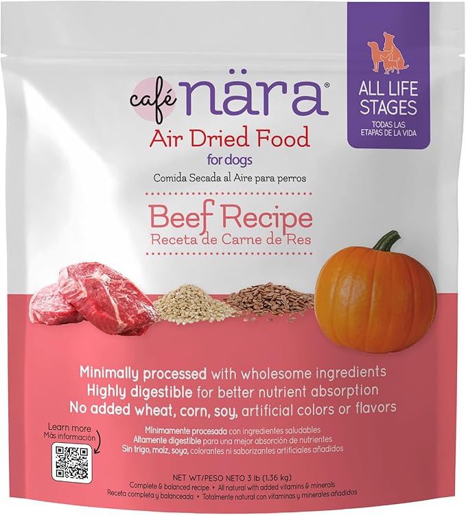 Café Nara Air Dried Dog Food, Beef Recipe, Complete Meal, Food Topper, or Treat, Made in USA for All Breeds and Ages, 3 lb Bag