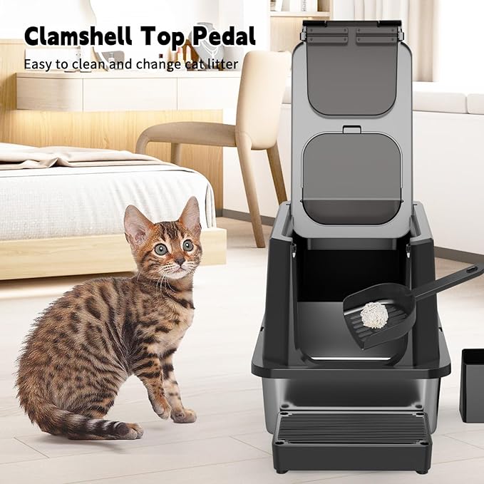 RIZZARI Enclosed Cat Litter Box: All Black Stainless Steel - Odor-Resistant & Easy Wipe Clean - Teflon Non-Stick Coating for Quick Cleaning - Large Top-Exit Pan for Modern Homes Garage