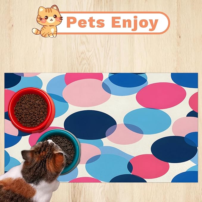 Polka Dot Dog Food Mat for Floors Absorbent Dog Bowl Mat for Food and Water Dispenser Quick Dry Cat Food Placemat Pet Supplies 17" x 30", Boho Circle