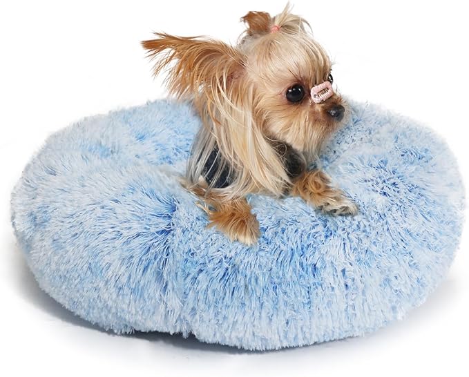 Blue and White Dog Bed Small Washable,Calming Dog Bed for Small Dogs,15 inches Donut Fluffy Pet Beds,Anti Anxiety Round Fits up to 5 lbs Soft Warm Pets Beds for Puppy Dogs Indoor