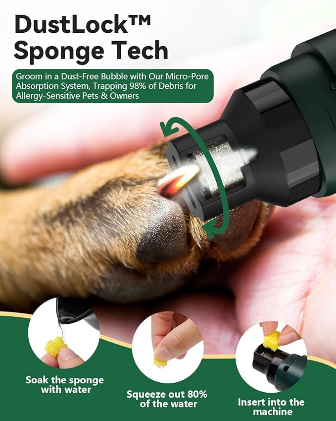 weini Dog Nail Grinder with Sponge Dust Collection, Ultra Quiet <35dB Pet Nail Trimmer for Large Dogs & Cats, Professional 5-Speed Electric Dog Nail Grinder Quiet, 7H Runtime, Green
