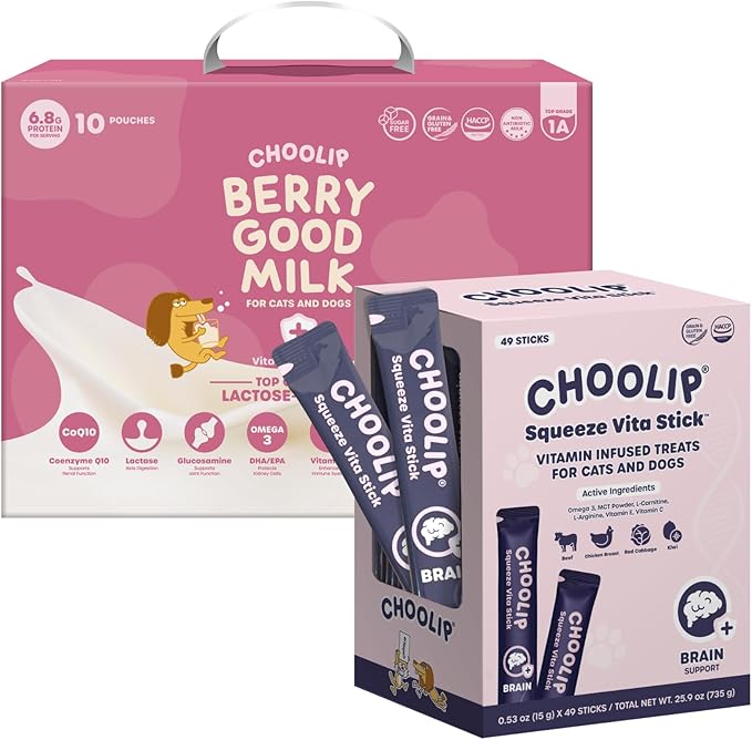 Choolip Bundle | Berry Good Milk 10pk Vitamin-Infused + 49pc Brain Support Squeeze Vita Sticks with Essential multivitamins [Both Products are for Cats & Dogs of All Life Stages]