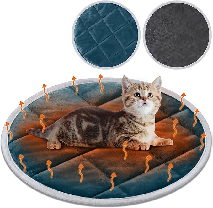 2 Pcs Self Warming Cat Mat Round Self Heating Pad Bed Reversible Machine Washable Heated Bed Anti Slip Warming Pad Pet Mat for Cat Crate Indoor Outdoor(Blue,16 Inch)