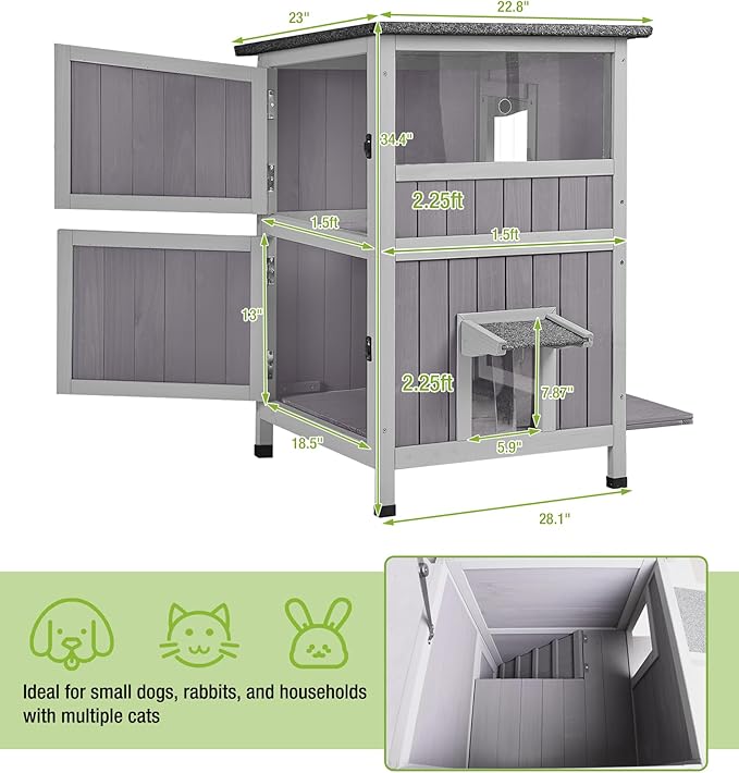 GUTINNEEN 2 Story Wooden Outdoor Cat House Weatherproof with Escape Doors, Openable Roof, Feral Cat Shelter with Elevated Base & Acrylic Window