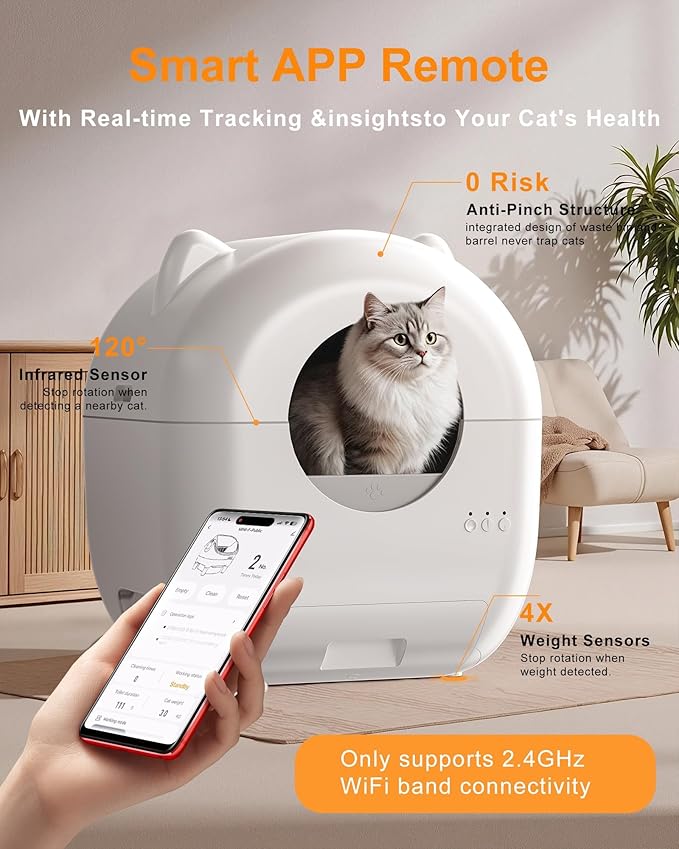 Automatic Cat Litter Box, Self Cleaning Cat Litter Box for Multiple Cats with Large Capacity, App-Controlled Safety Sensor, Odor-Free Waste Disposal,1 Roll of Trash Bags, White (White-2.0)