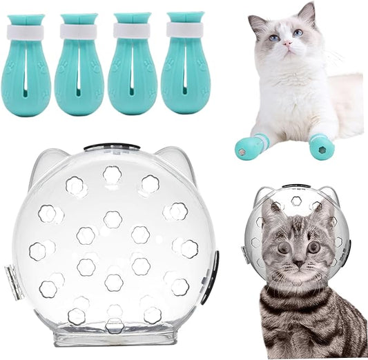 Cat Bubble Muzzle with 4 Boots 5 Inch Breathable Transparent Cat Muzzle with Lock Anti-Lick & Anti-Bite Head Cover for Grooming, Nail Trimming