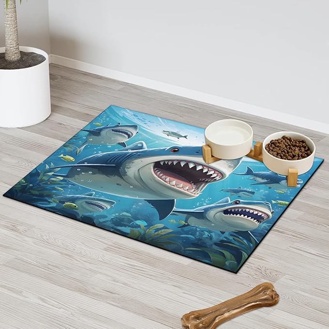 Ocean Shark Dog Food Mat for Floors Absorbent Dog Bowl Mat for Food and Water Dispenser Quick Dry Cat Food Placemat Pet Supplies 16" x 24", Underwater World