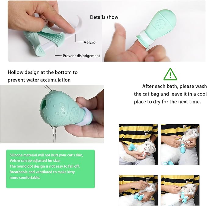 Anti-Scratch Silicone cat Shoes,Cat Claw Covers,Adjustable Multifunctional Anti-Bite Shower net Bag，Cat Grooming Mesh Bag,Cat Bathing Bag (Green-1)