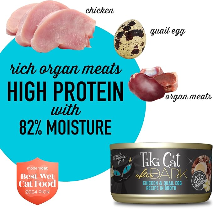 Tiki Cat After Dark,Chicken & Quail Egg,High-Protein and 100% Non-GMO Ingredients,Wet Cat Food for Adult Cats,2.8 oz. Can,(Pack of 24)