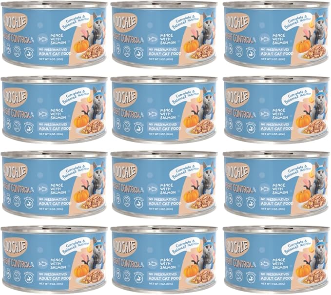 MOOCHIE Weight Control Grain Free Wet Cat Food — Salmon, Chicken, Lamb & Beef Liver - No Artificial Flavors or Preservatives - 12 × 3 oz cans