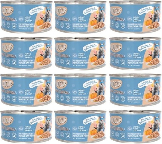 MOOCHIE Weight Control Grain Free Wet Cat Food — Salmon, Chicken, Lamb & Beef Liver - No Artificial Flavors or Preservatives - 12 × 3 oz cans