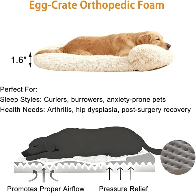Calming Dog & Cat Beds for Small Medium Dogs Cats, Anti-Anxiety Plush Pets Lounge Couch Sofa Orthopedic Cushion, Soft Fluffy Faux Fur Washable, Fits up to 25 lbs Pets (Oval, Beige 26"x20")