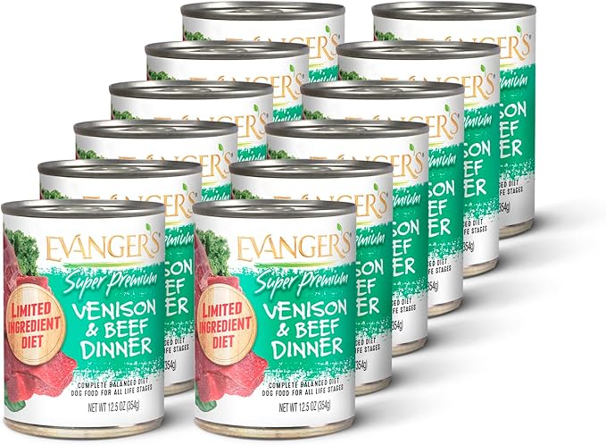 Evanger's Super Limited Ingredient Venison & Beef Dinner for Dogs – 12 Count, 12.5 oz Each – Grain & Gluten Free, Allergy-Friendly, Loaf Style with Spinach & Kale – Wet Dog Food