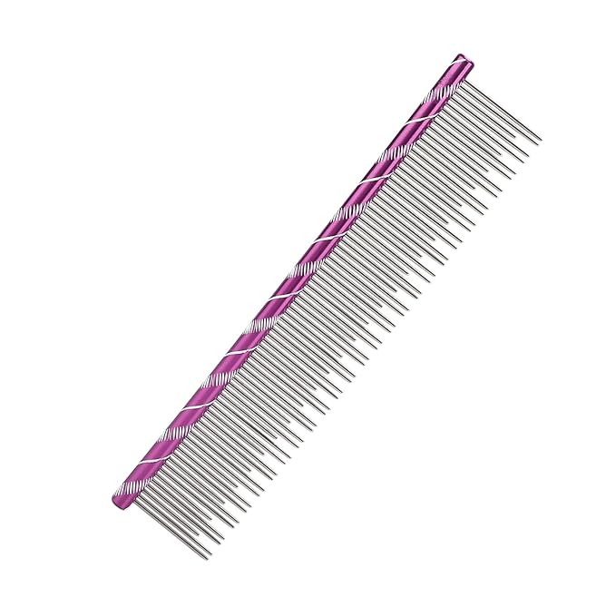Pet Hair Removal Comb, Stainless Steel Cat Grooming Tool with Dual - Density Teeth, Open Knot Detangling Comb for Long and Short Haired Cats, Ergonomic Non - Slip Handle (Purple)