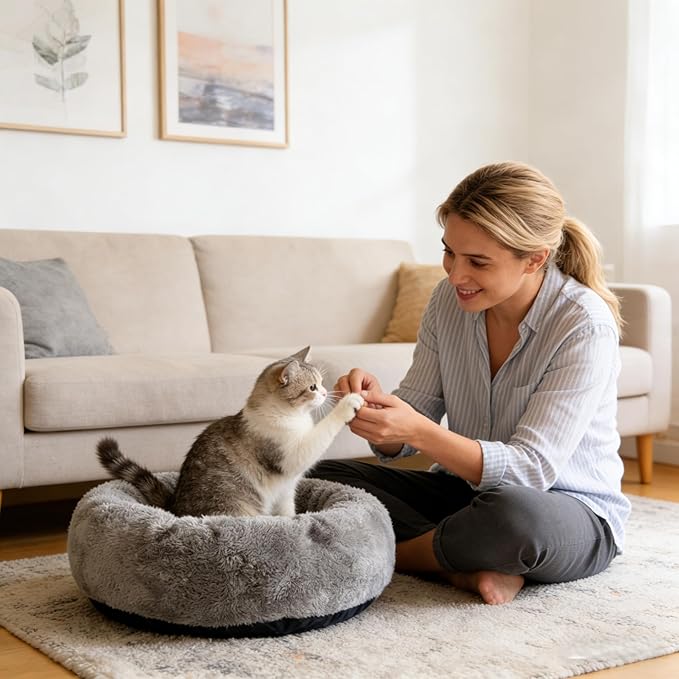 Soft Cat Bed, Cat Beds for Indoor Cats, Calming Nest, Self Warming Cave, Plush Cozy Pod for Indoor Kitten or Small Dogs, Kitty Bed with Non-Slip Bottom