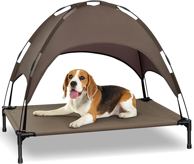 Heeyoo Elevated Dog Bed with Canopy, Portable Dog Cot with Removable Shade Tent, Outdoor Raised Pet Cot Cooling Bed for Dogs