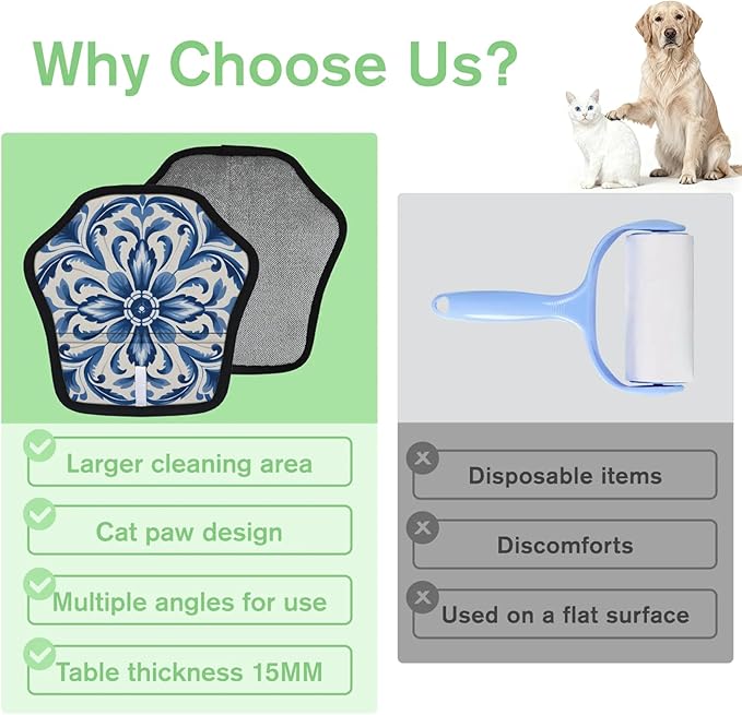 Reusable Pet Hair Removal Glove Classic Floral Print Magic Brush for Cat & Dog Hair Remover for Car, Sofa, Bedding, Clothes - 9x9 Mitt Washable