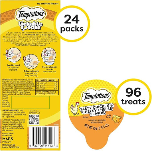 Temptations Lickable Spoons, Soft Lickable Cat Treats, Adult Wet Cat Treats, Tasty Chicken and Cheesy Cheese Flavor, 4 Spoons, Pack of 24 (96 Total)