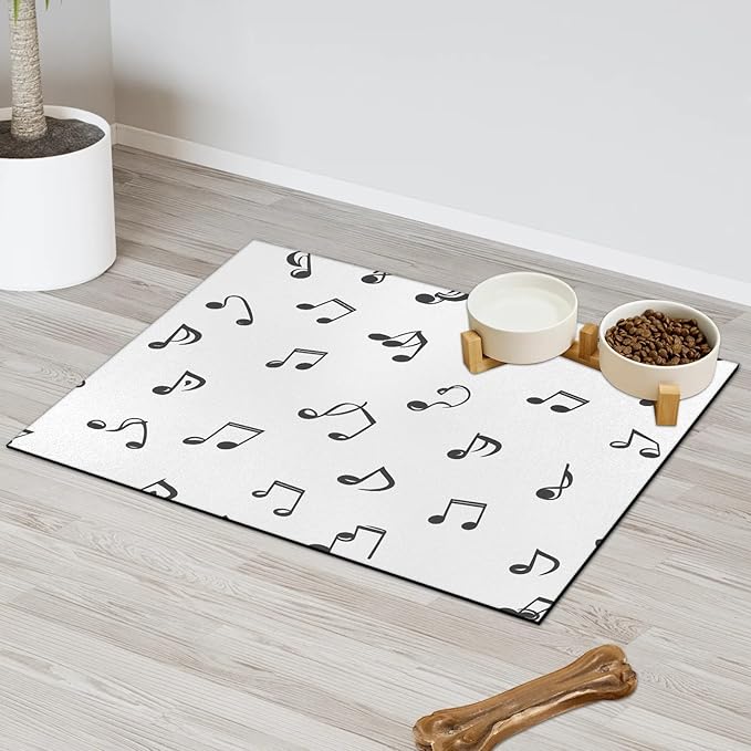 Black Note Dog Food Mat for Floors Absorbent Dog Bowl Mat for Food and Water Dispenser Quick Dry Cat Food Placemat Pet Supplies 17" x 30", Black White