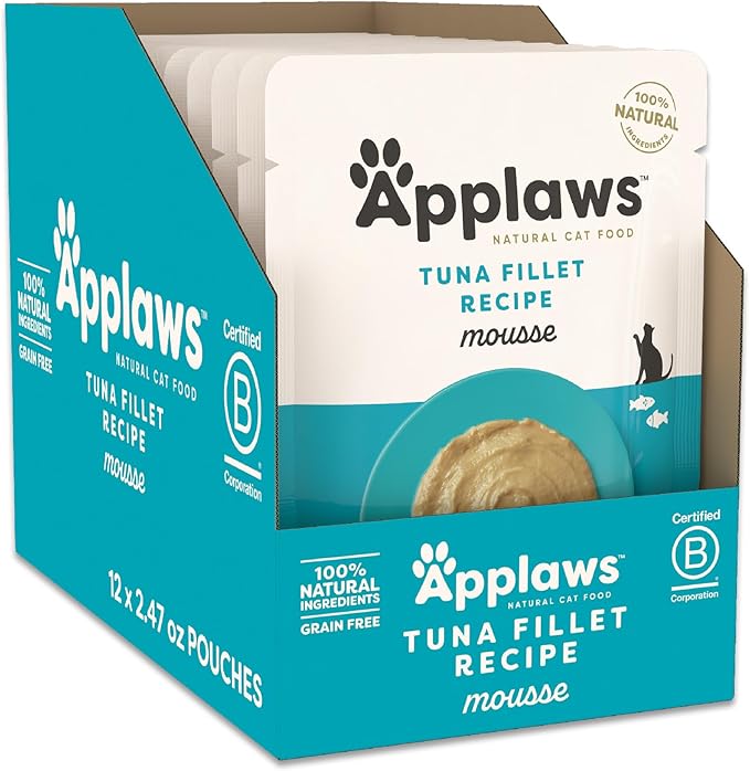 Applaws Natural Wet Cat Food in Mousse, Limited and Natural Ingredients, Grain-Free, High Protein with No Artificial Additives, Tuna Fillet (12 x 2.47oz Pouches)