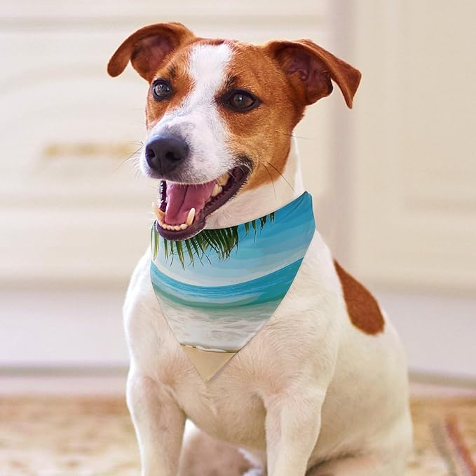 Dog Bandana Spring Pet Scarf Adjustable Triangle Ocean Sea Beach Palm Leaves Printing Dog Bib Washable Polyester Puppy Bandana for Small Medium Large Dogs Cat Birthday Party Supplies