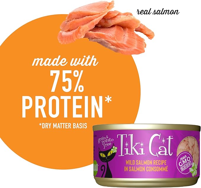 Tiki Cat Luau Shredded Meat,Wild Salmon Recipe in Salmon Consumme,Grain-Free Balanced Nutrition Wet Canned Cat Food,for All Life Stages,2.8 oz. Can,(Pack of 24)