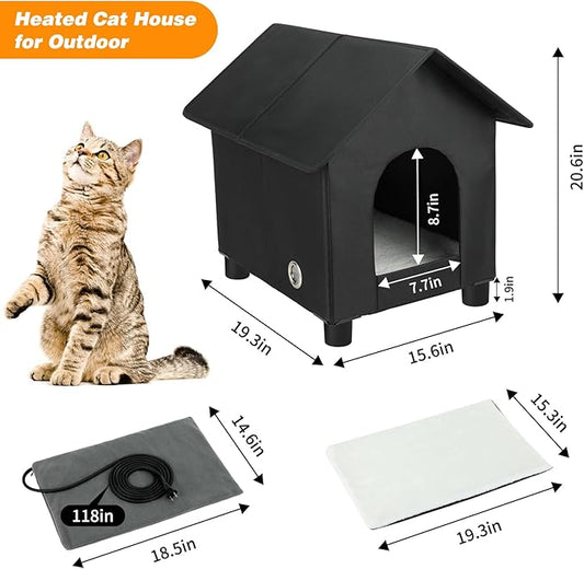 BWOGUE Elevated Heated Cat House for Outdoor Cats in Winter, Waterproof & Insulated Feral Cat Shelter for Outside Cats,Weatherproof Feral Cat House for Outside (Black, L)