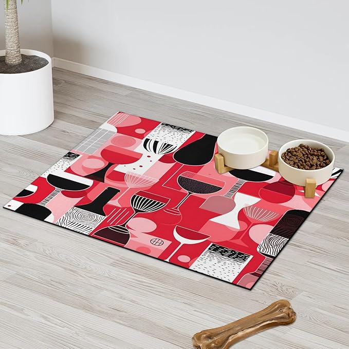 Rose Wine Glass Dog Food Mat for Floors Absorbent Dog Bowl Mat for Food and Water Dispenser Quick Dry Cat Food Placemat Pet Supplies 12" x 20", Wine