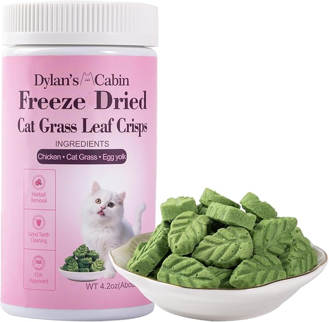 Dylan's cabin Freeze Dried Cat Grass Teething Treats - High Protein Leaf Crisps with Chicken, Egg Yolk Natural Chew Treats for Teeth Cleaning Hairball Control,86pcs