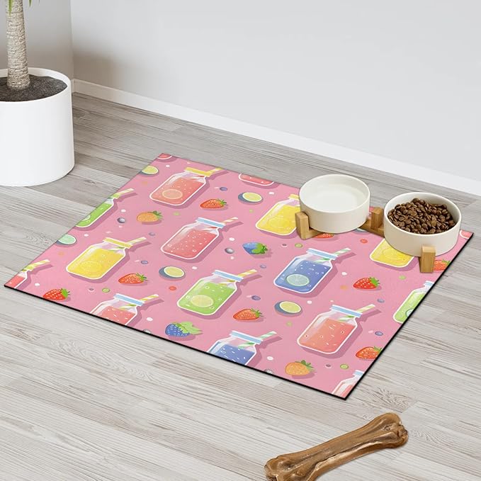 Lemon Juice Dog Food Mat for Floors Absorbent Dog Bowl Mat for Food and Water Dispenser Quick Dry Cat Food Placemat Pet Supplies 24" x 32", Strawberry Fruit