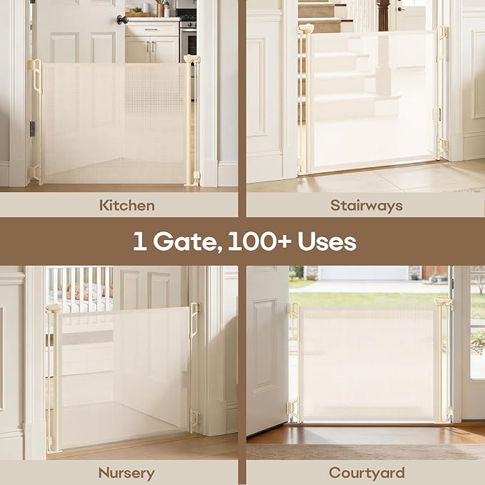 Retractable Safety Baby Gate or Mesh Dog Gate,Durable Portable Mesh Retractable Gate,Easy to Use for Stairs, Doorways, Hallways, Indoor, Outdoor, 33.5" Tall, Up to 45" Wide, Cream