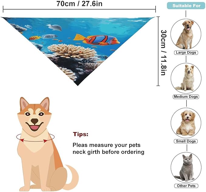Dog Bandana Spring Pet Scarf Adjustable Triangle Ocean Tropical Fish Coral Printing Dog Bib Washable Polyester Puppy Bandana for Small Medium Large Dogs Cat Birthday Party Supplies