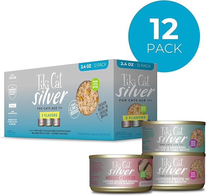 Tiki Cat Silver Variety Pack,Immune System Support Formulated for Older Cats Aged 11+,Senior Wet Cat Food,2.4 oz. Can,12 Count (Pack of 2)