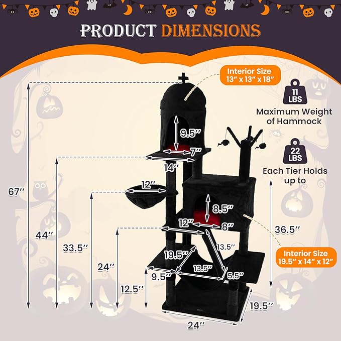 Tangkula Gothic Cat Tree, 67 Inch Tall Cat Tower with Sisal Scratching Posts and Ladder, 2 Cat Condos, Hammock, Basket Bed, Spooky Dangling Balls, Halloween Black Goth Cat Tree for Indoor Cats