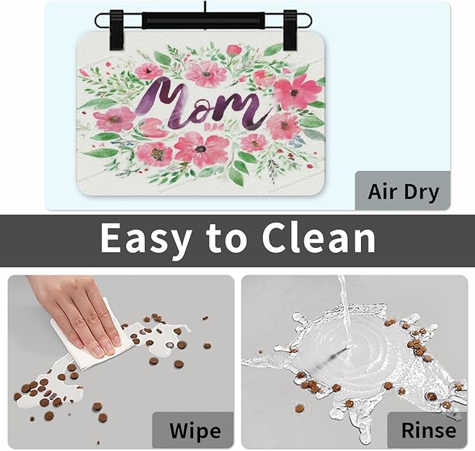 Dog Food Mat Watercolor Happy Mother's Day Floral Gift for Mom Li Absorbent Water Bowl Mats Cat Pet Feeding Placemats 18X12In