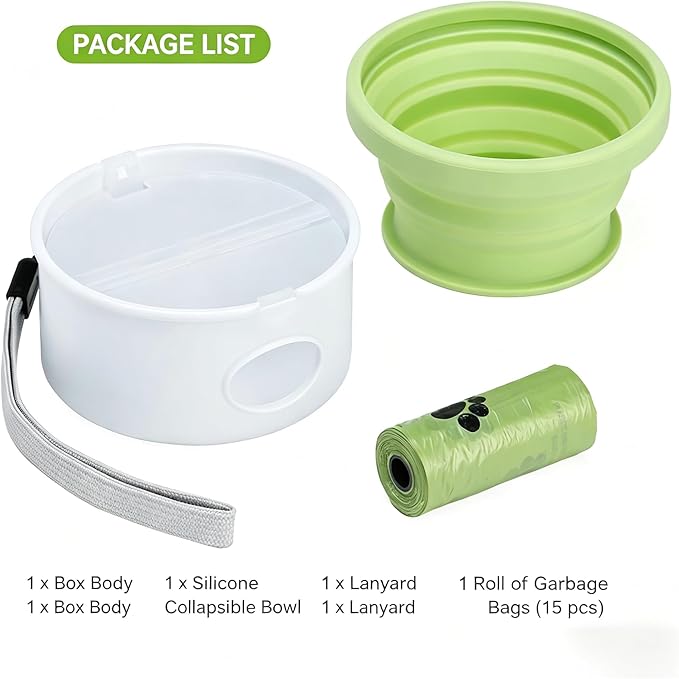 3-in-1 Portable Dog Travel Kit | Collapsible Silicone Feeding Bowl + 90ml Food Storage + Poop Bag Dispenser | Food-Grade Pet Walking Supplies with Biodegradable Bags for Outdoor, Hiking & Trips