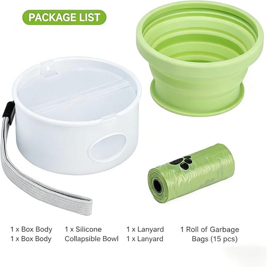 3-in-1 Portable Dog Travel Kit | Collapsible Silicone Feeding Bowl + 90ml Food Storage + Poop Bag Dispenser | Food-Grade Pet Walking Supplies with Biodegradable Bags for Outdoor, Hiking & Trips