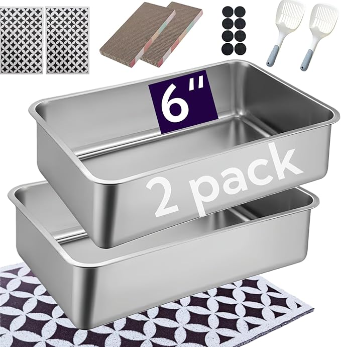 2 Pack Stainless Steel Cat Litter Box with High Sides - Metal Cat Pan, Large Indoor Litter Tray, Never Absorbs Odor, Pet Toilet Supplies Smooth Surface for Kitten, Kitty, Rabbit 23.6"x16"x 6"