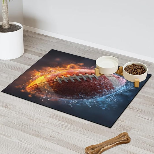 Fire Football Dog Food Mat for Floors Absorbent, Quick Dry Water Dispenser Mat for Food, Water, Pet Supplies 17" x 30", Lightning Rugby