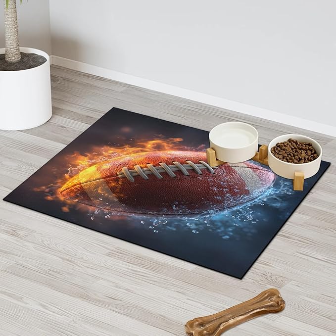 Fire Football Dog Food Mat for Floors Absorbent, Quick Dry Water Dispenser Mat for Food, Water, Pet Supplies 16" x 24", Lightning Rugby