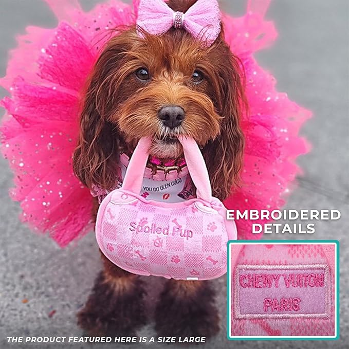 Haute Diggity Dog Pink Checker Chewy Vuiton Handbag, Plush Designer Dog Toys with Interactive Squeaker, Stimulating Pet Enrichment, Machine-Washable & Safe Materials for All Breeds, Size Large